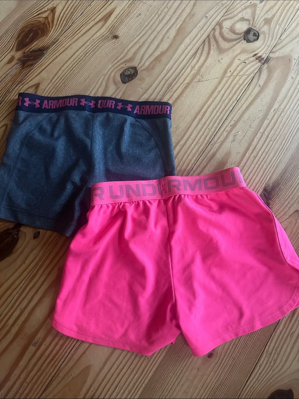 Under Armour Giels Hot Pink & Charcoal Athletic Shorts group of two